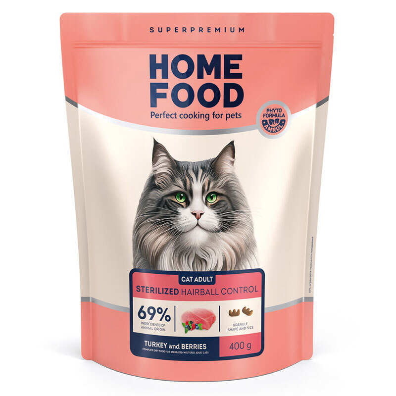 Home Food (Хоум Фуд) Hairball control For sterilised/neutered - Сухой корм Индейка и ягоды для выведения шерсти из желудка стерилизованных взрослых котов (20 кг)