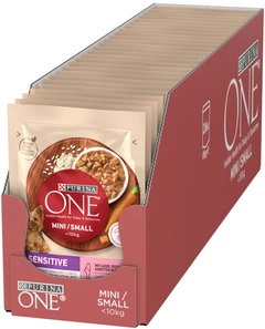 Упаковка вологого корму Purina One Mini/Small Sensitive для дорослих собак дрібних порід з чутливим травленням, з лососем, рисом та морквою 26 шт по 85 г (8445290332523)