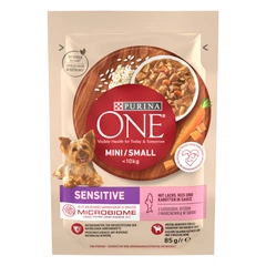 Упаковка вологого корму Purina One Mini/Small Sensitive для дорослих собак дрібних порід з чутливим травленням, з лососем, рисом та морквою 26 шт по 85 г (8445290332523)
