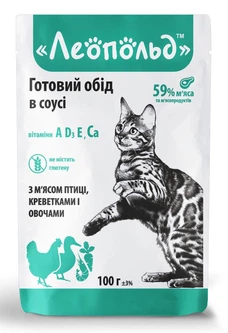 Упаковка вологого корму для кішок Леопольд Готовий обід у соусі з м'ясом птиці та креветками з овочами 24 шт по 100 г (4820185491822-24)