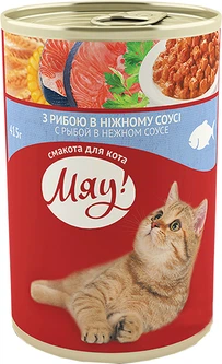 Упаковка вологого корму для дорослих котів Мяу! у ніжному соусі зі смаком риби 20 шт по 415 г (4820083903823)(B2200204)