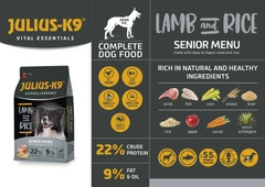 Julius K9 Сухий гіпоалергенний корм для собак вищої якості старшого віку або собак, схильних до повноти Julius-K9 LAMB and RICE Senior Menu з ягням і рисом 12 кг (5998274312613)