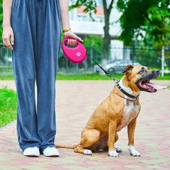 Повідець-рулетка для собак WAUDOG R-leash L стрічковий 5 м до 40 кг рожевий зі світловідбиваючою стрічкою та контейнером боксом для прибирання сміттєвих пакетів пластиковий повідець для великих та сер