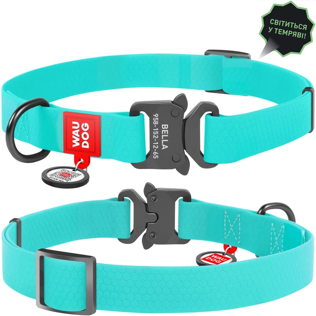 Collar Нашийник Waudog 25-35 см 15 мм ментоловий (світится у темряві) з водовідштовхувального матеріалу пряжка метал
