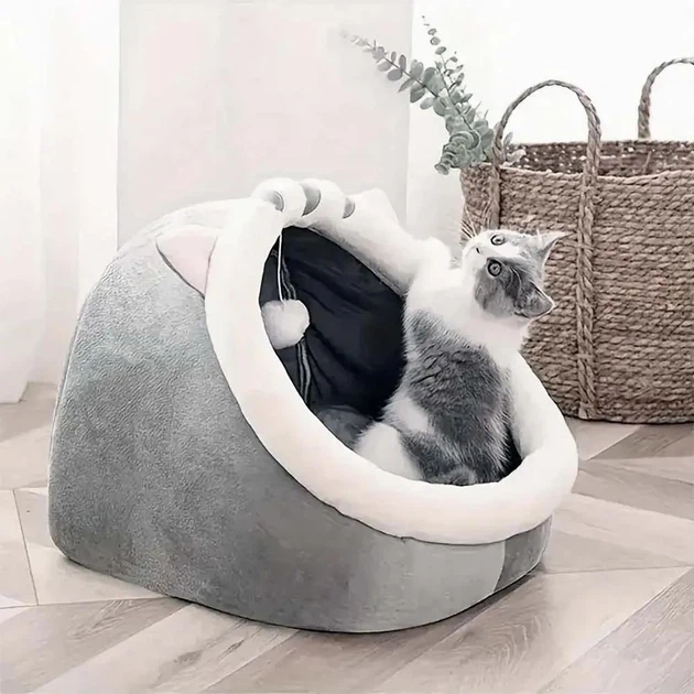 Zoofari М'який стильний будинок для кота з іграшкою та подушкою M (40×40×32см) Лежанка для кота Ліжко для кота Затишний котячий будиночок Сірий