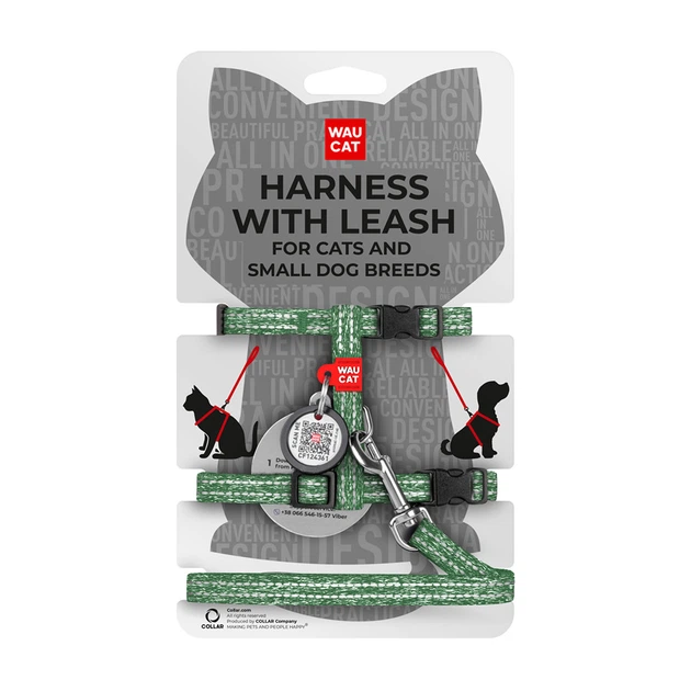 Шлея з повідцем для котів WAUCAT Re-cotton з QR-паспортом, з відновленої бавовни, світловідбиваюча, пластиковий фастекс, XS, Ш 10 мм, Д 122 см, В 25-40 см, С 20-30 см зелений