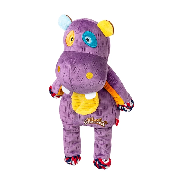 М’яка іграшка для собак GiGwi Plush Friendz Бегемот фіолетовий, текстильна плюшева іграшка з пищалкою та мотузками для перетягування і апорту, 34 см, арт. 2255