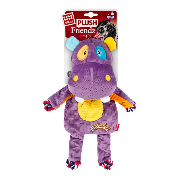 М’яка іграшка для собак GiGwi Plush Friendz Бегемот фіолетовий, текстильна плюшева іграшка з пищалкою та мотузками для перетягування і апорту, 34 см, арт. 2255