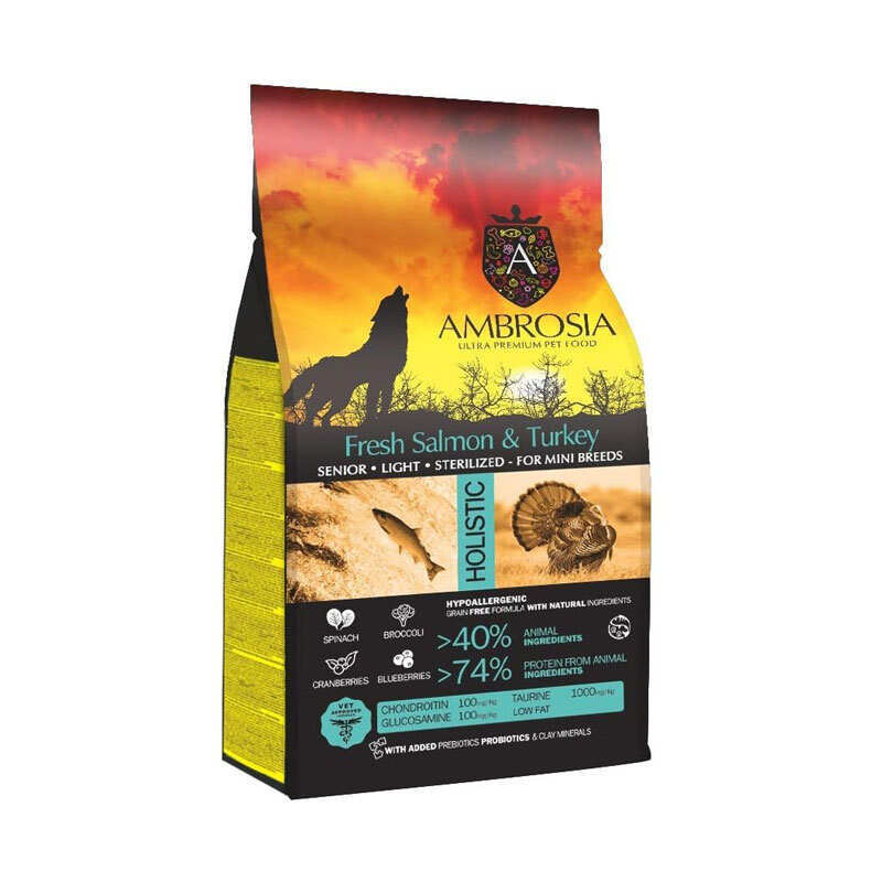 Ambrosia Grain Free - Сухий беззерновий корм з індичкою та свіжим лососем для літніх стерилізованих собак міні порід