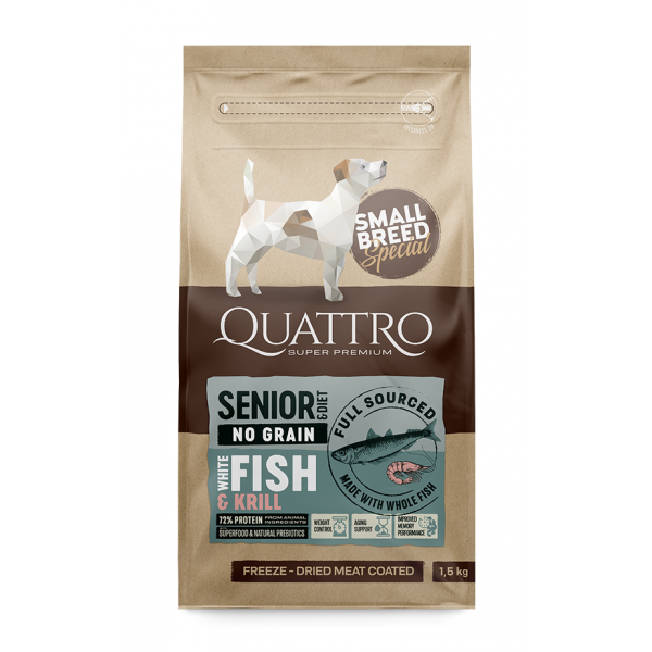 Quattro Senior&Diet Fish Small Breed корм для собак дрібних порід від 10 років та собак з надмірною вагою з білою рибою та крилем 1,5 кг