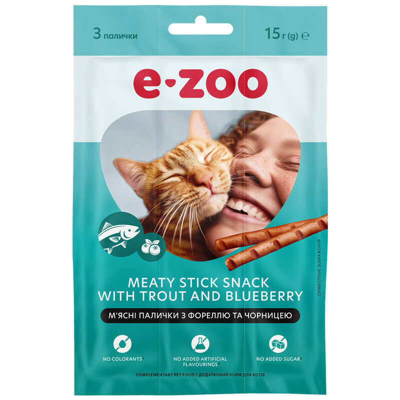 E ZOO™ E-ZOO™ - Лакомство мясные палочки с форелью и черникой для кошек (15 г)