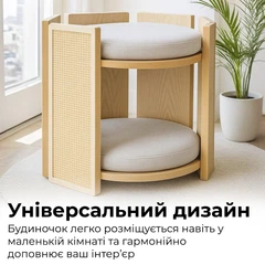 Дерев'яний будиночок-лежанка Без бренду для кота з сірими подушками, кігтечкою та іграшкою (CO-CS0245)