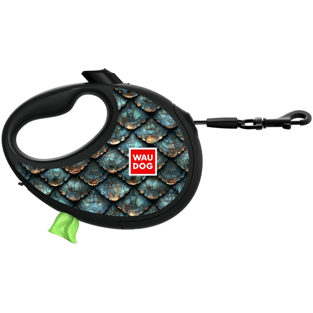 Повідець-рулетка для собак WAUDOG R-leash з контейнером для пакетів, малюнок "Луска", розмір L, до 40 кг, 5 м