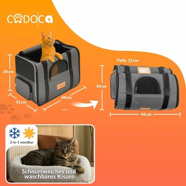 Переноска для котів та собак CADOCA 44x34x31 см до 20 кг сумка для тварин з ремінцем для авто сітчасте вікно миска для води сіра