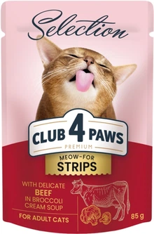 Упаковка вологого корму для дорослих кішок Club 4 Paws Selection Преміум Плюс Смужки з яловичиною в крем супі з броколі 85 г х 12 шт (4820215368254/4820215368100)