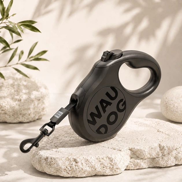 Повідець-рулетка для собак WAUDOG R-leash Monochrome Black, L, до 50 кг, 5 м, світловідбивна стрічка, чорна