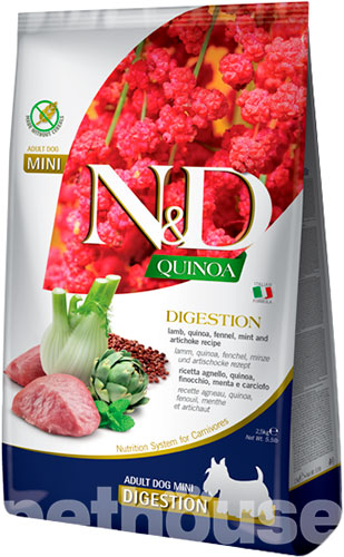 Farmina N&D Quinoa Digestion, Lamb & Fennel Adult Mini – Сухий беззерновий корм з ягням, кіноа та фенхелем для поліпшення травлення у собак дрібних порід