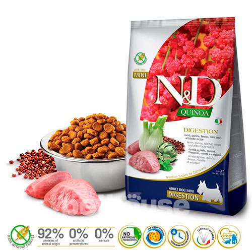 Farmina N&D Quinoa Digestion, Lamb & Fennel Adult Mini – Сухий беззерновий корм з ягням, кіноа та фенхелем для поліпшення травлення у собак дрібних порід