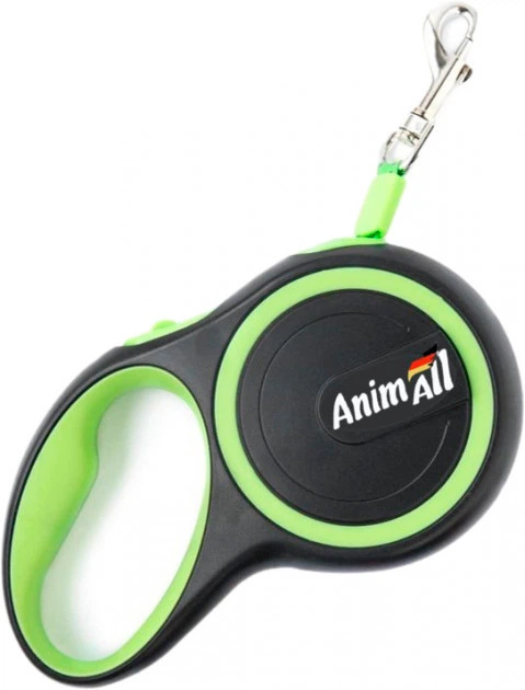 Поводок-рулетка AnimAll для собак вагою до 15 кг, 3 м, S салатово-чорний, Енімал