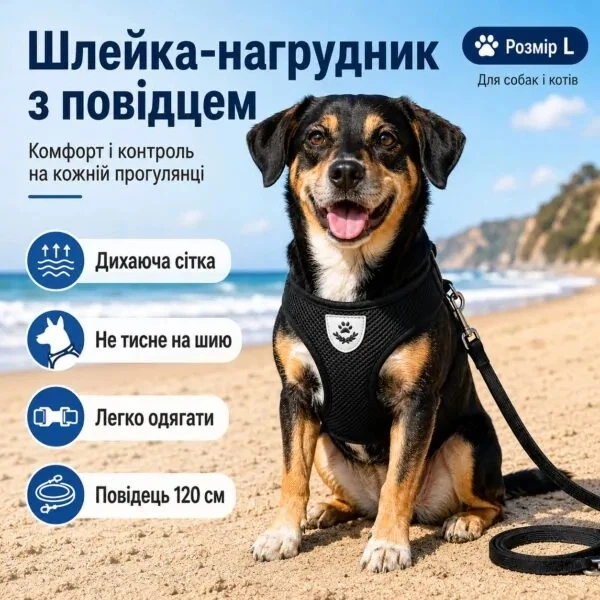 Без бренду Шлейка з поводком для собак і котів L, м'яка дихаюча сітка, регулювання за грудьми, поводок 120 см для комфортних щоденних прогулянок тварин