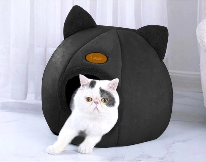 Без бренду Будиночок для котів Purlov закрита лежанка з подушкою 400x360x330 мм текстильний затишний притулок для середніх та дрібних порід тварин з водонепроникним дном та м'яким наповнювачем для сну і відпочин