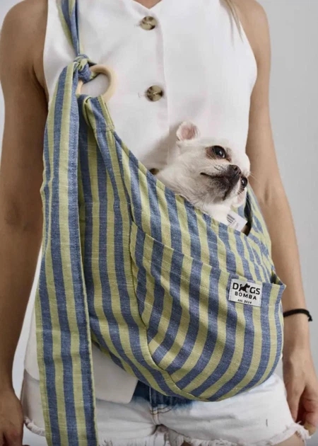 Dogs Bomba Сумка-слінг переноска для собак дрібних порід та котів DogsBomba лляна лайм з фіксатором та кишенею розмір 1 до 3 кг висота 23 см довжина 32 см S-132/1