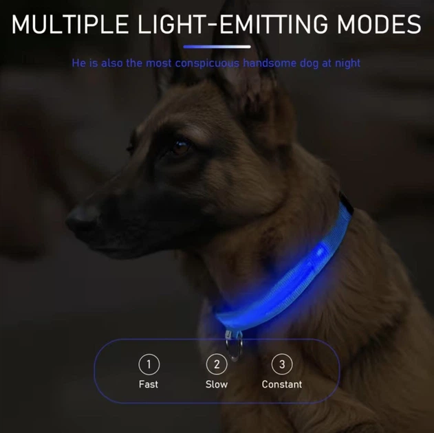 Світлодіодний нашийник для собак Petify Luminous LED Collar L блакитне небо, що світиться в темряві, 3 режими світіння, видимість до 100 м, регульований 41-54 см, поліестер, від батарейки, Арт. XN4074
