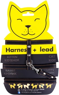 Шлея "CoLLaR" котяча з повідцем шкіряна на планшеті (ширина 12мм, А: 22-30см, В: 30-40см, довжина 122см), Чорний (05461)