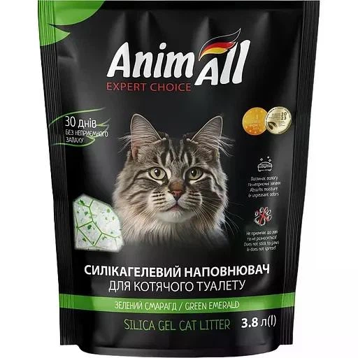 Силікагелевий наповнювач AnimAll "Зелений смарагд" для котів, 3.8 л (1.6 кг)