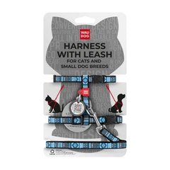 Шлея з повідцем та QR адресником WAUDOG Nylon пластикова пряжка-фастекс "Етно синій" (4823089329857)A