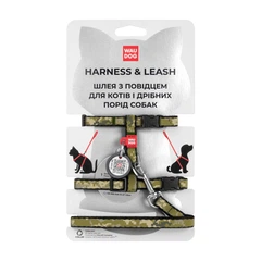 Collar Шлея з повідцем для котів та дрібних порід собак WAUDOG Nylon з QR-паспортом, малюнок "Мілітарі", пластиковий фастекс, XS, Ш 10