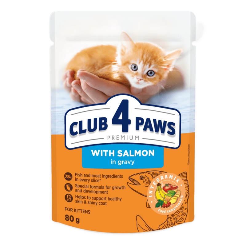 Club 4 Paws Premium Kitten Salmon in Gravy - Влажный корм с лососем для котят (кусочки в соусе) (24х80 г(ьох))