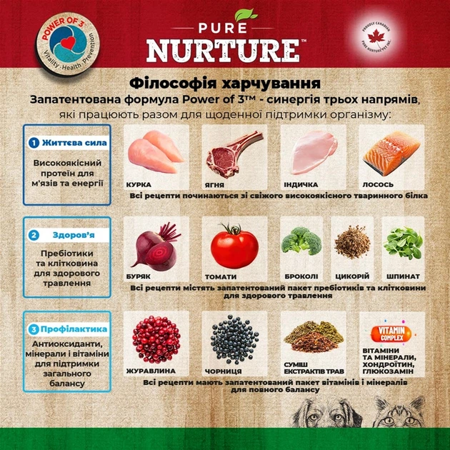 Сухий беззерновий корм Pure Nurture Grain Free Power of 3 з лососем та картоплею для собак будь-якого віку 12.5 кг (614141030293)