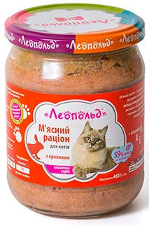 Упаковка вологого корму для кішок Леопольд М'ясний раціон з кроликом 460 г х 6 шт. (4820185490795-6)