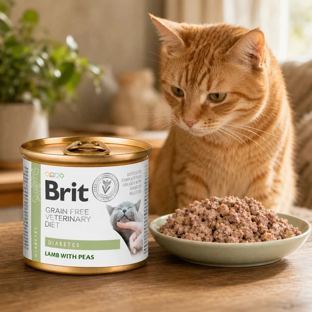Brit VD Упаковка вологого корму вологого корму Brit VetDiet з ягням та горохом для дорослих котів усіх порід із цукровим діабетом, 6 шт х 200 г
