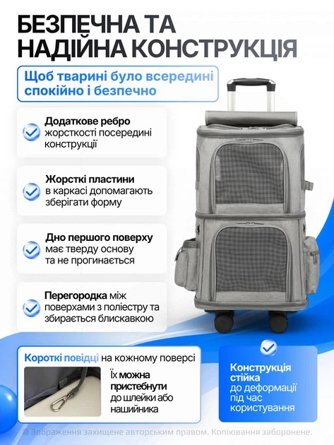 Без бренда Сумка переноска для кота кішки собаки домашніх тварин двомісна сумка з віконцем і висувною ручкою на колесиках колесах котячі сумки для переноски перенесення котів кішок маленьких собак сіра (002259)