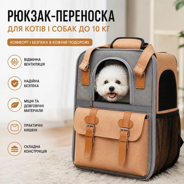 Без бренда Рюкзак-переноска для котів та собак до 10 кг, сумка-переноска для тварин, складний рюкзак для кота і собаки з вентиляцією, світловідбиваючою смугою 3M