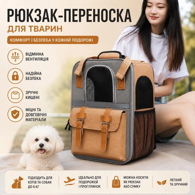 Без бренда Рюкзак-переноска для котів та собак до 10 кг, сумка-переноска для тварин, складний рюкзак для кота і собаки з вентиляцією, світловідбиваючою смугою 3M