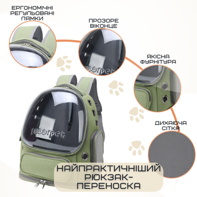 Рюкзак Для Кота з Прозорими Стінками 42*34*27 см Переноска Для Подорожей з Тваринами MoorPet До 7 кг Зелена