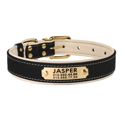 Ошейник для Собак Кожаный BronzeDog Premium с Латунной Фурнитурой и Адресником Черно-Бежевый 20 мм 35-41 см (620214)