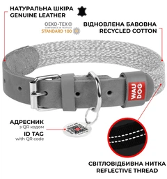 Нашийник для собак зі шкіри та відновленої бавовни WAUDOG Classic з QR паспортом, розмір L, 38-49 см 25 мм Чорний (58931)