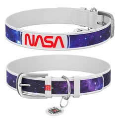 Шкіряний нашийник для собак WAUDOG Design з QR паспортом, з малюнком "NASA21" Білий 46-59 см 35 мм (3606-0148-15)