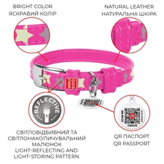 Нашийник WAUDOG Glamour з QR паспортом з візерунком Зірочка Світиться 19-25 см 12 мм Рожевий (35837)