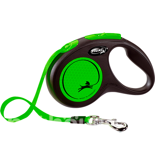 Flexi New Neon S — повідець-рулетка світловідбивна для собак до 15 кг, стрічка, 5 м Зелений