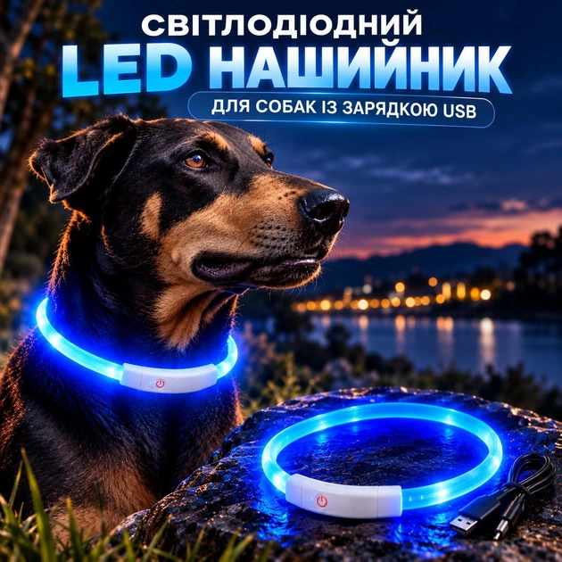 And Світлодіодний LED нашийник для собак із зарядкою USB 35 см Синій