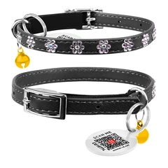 Waucat Ошейник WAUDOG Glamour з резинкою, клейовими стразами "Квітка" для котів (ширина 9мм, довжина 22-30см) чорний