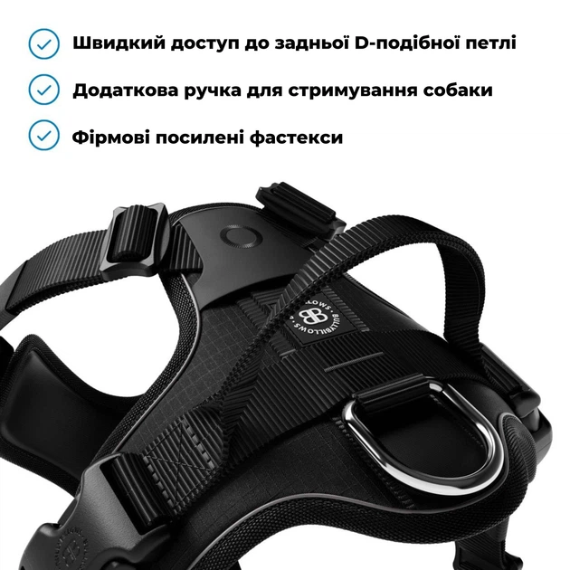 Шлея з переднім кільцем для собак що тягнуть повідець BullyBillows Hurricane Harness No Pull XS: ОШ 29-36 см, ОГ 40-58 см Чорний