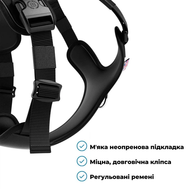 Шлея з переднім кільцем для собак що тягнуть повідець BullyBillows Hurricane Harness No Pull XS: ОШ 29-36 см, ОГ 40-58 см Чорний