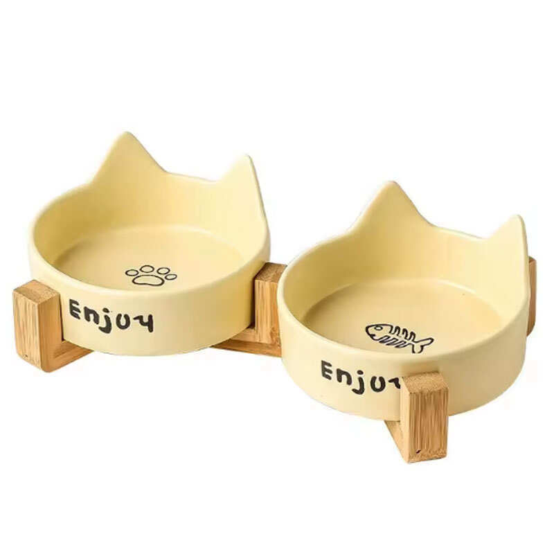 Sofly Pet Double Feeding Bowl - Керамічна миска подвійна на дерев'яній підставці для котів та собак
