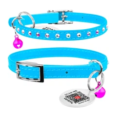 Collar Нашийник "WAUDOG GLAMOUR" з резинкою, клейовими стразами, для котів (ширина 9мм, довжина 22-30см) блакитний